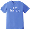 Blue “Not Friendly” t-shirt flat lay featuring bold gothic lettering with distressed finish and sarcastic vibe