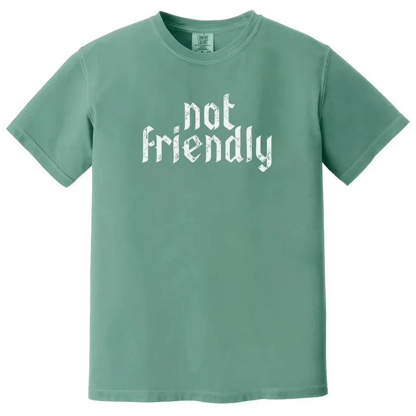 Green “Not Friendly” t-shirt flat lay highlighting gothic-style distressed text and funny minimalist sarcasm