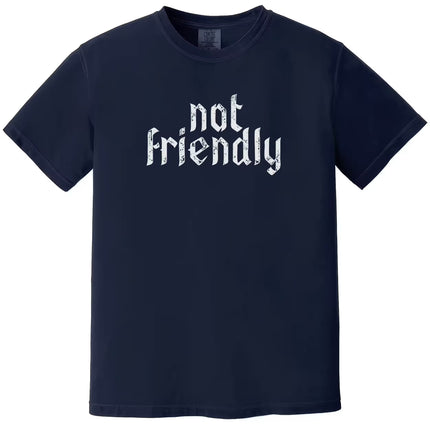 Navy “Not Friendly” t-shirt flat lay with distressed gothic lettering and minimalist sarcastic message