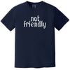 Navy “Not Friendly” t-shirt flat lay with distressed gothic lettering and minimalist sarcastic message
