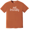 Orange “Not Friendly” t-shirt flat lay showcasing bold distressed gothic text and dry humor graphic tee style