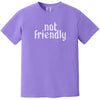 Purple “Not Friendly” t-shirt flat lay showcasing edgy gothic text and dry humor graphic tee design