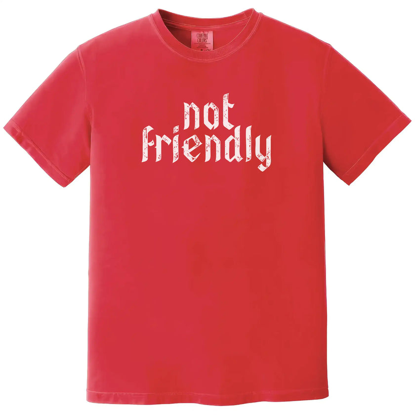 Red “Not Friendly” t-shirt flat lay featuring distressed gothic lettering and funny sarcastic graphic for everyday wear