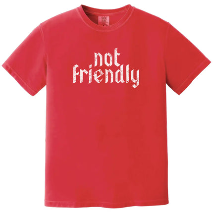 Red “Not Friendly” t-shirt flat lay featuring distressed gothic lettering and funny sarcastic graphic for everyday wear