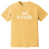 Yellow “Not Friendly” t-shirt flat lay with distressed gothic lettering and simple sarcastic message
