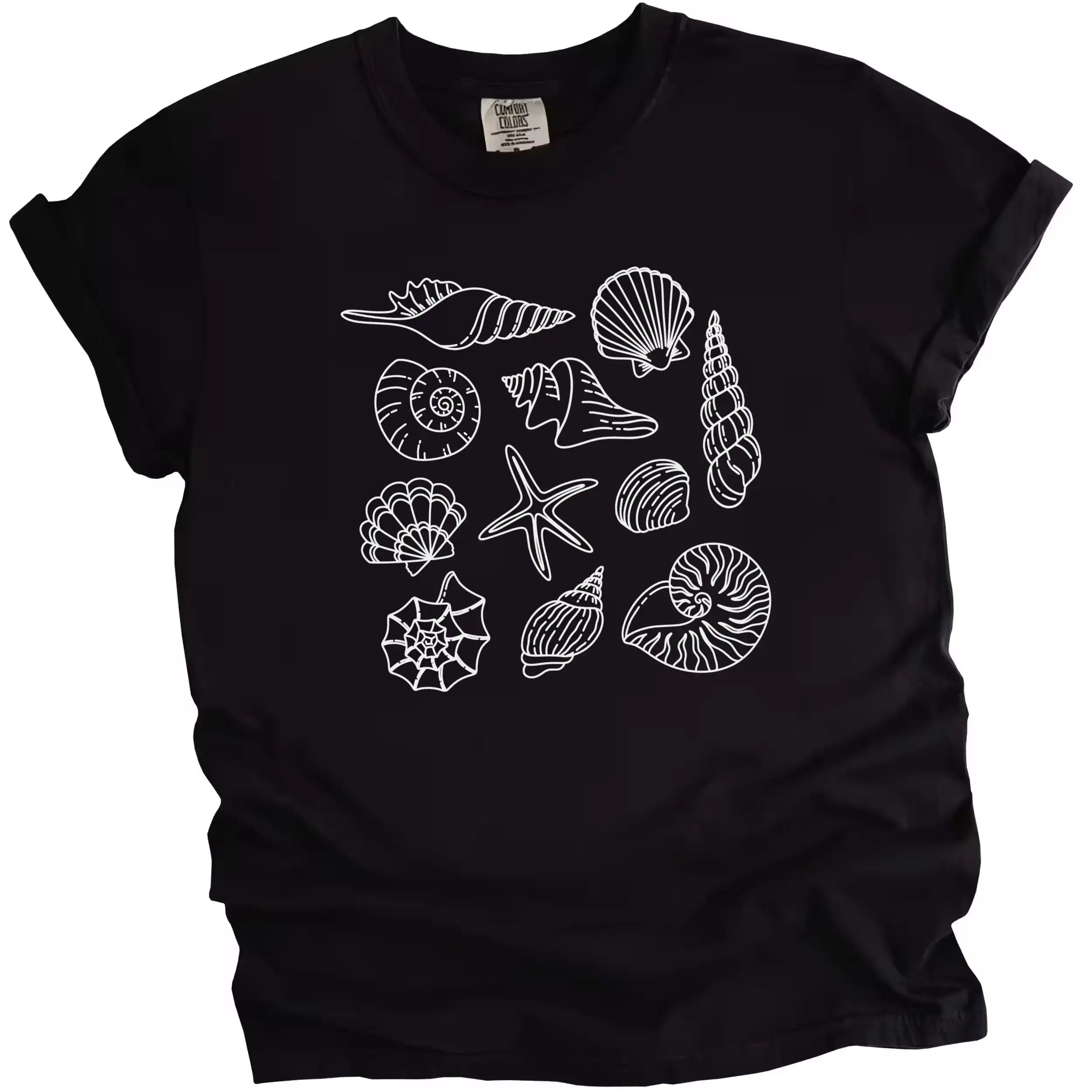 Women’s seashell summer t-shirt in black, 9–10 detailed ocean shell illustrations arranged in a clean minimalist coastal beach design.