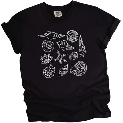 Women’s seashell summer t-shirt in black, 9–10 detailed ocean shell illustrations arranged in a clean minimalist coastal beach design.