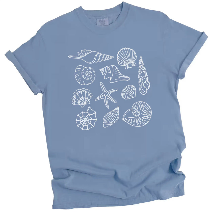 Women’s seashell t-shirt in light blue,  detailed ocean shell illustrations arranged in a soft coastal summer aesthetic layout.