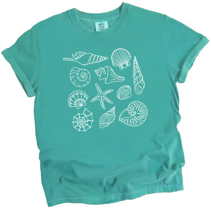 Women’s seashell graphic tee in teal, 9–10 detailed seashell illustrations arranged in a clean coastal beach summer design.