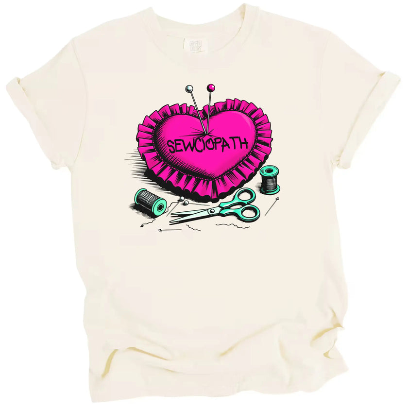 Sewciopath sewing t-shirt in cream, heart pincushion with pins and thread tools, funny crafting pun graphic tee.