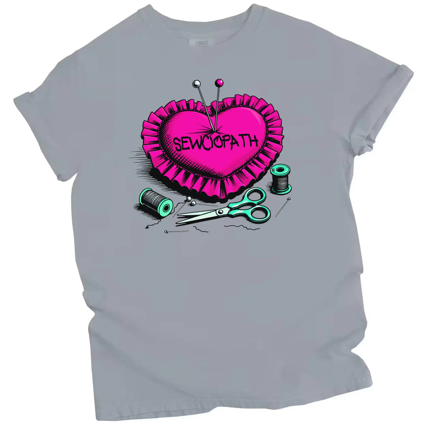 Funny sewing shirt in grey, ‘Sewciopath’ pincushion design with pins, thread, and scissors, cute crafter graphic tee.
