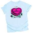 'Sewciopath’ sewing t-shirt in light blue, pink heart pincushion with pins, thread, and scissors, cute crafting pun graphic tee.