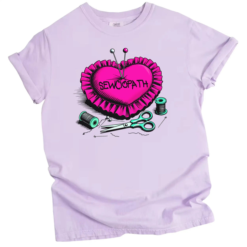 Sewing pun t-shirt in light purple, heart-shaped pincushion with pins and thread, ‘Sewciopath’ cute craft graphic