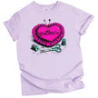 Sewing pun t-shirt in light purple, heart-shaped pincushion with pins and thread, ‘Sewciopath’ cute craft graphic