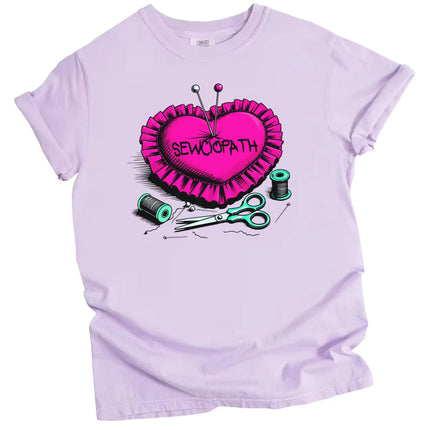 Sewing pun t-shirt in light purple, heart-shaped pincushion with pins and thread, ‘Sewciopath’ cute craft graphic