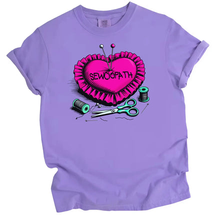 Crafting humor t-shirt in purple, pink pincushion with pins and sewing tools, ‘Sewciopath’ funny sewing design
