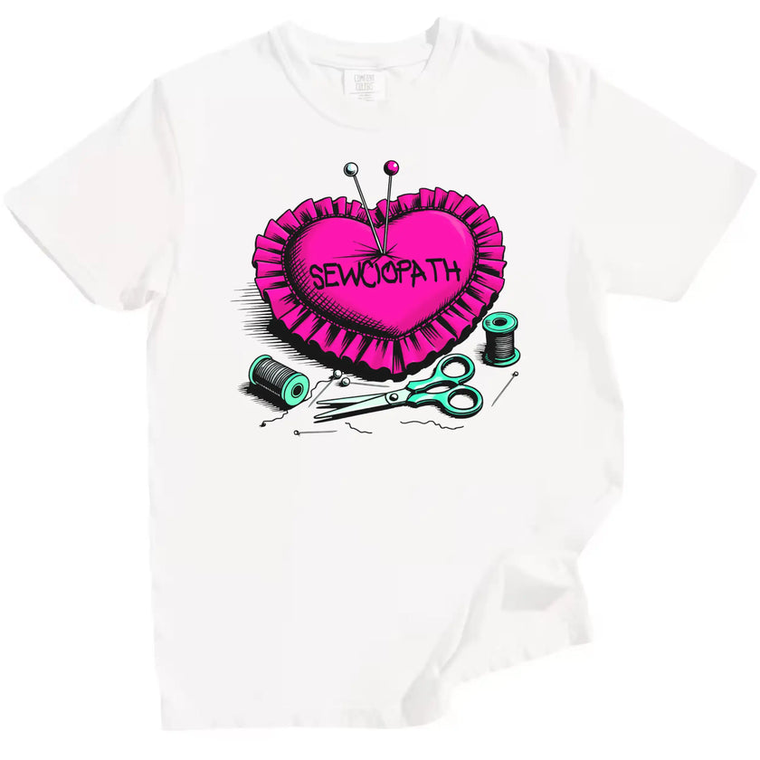 ‘Sewciopath’ sewing graphic tee in white, heart pincushion with pins, thread, and scissors, cute pun shirt for sewists.