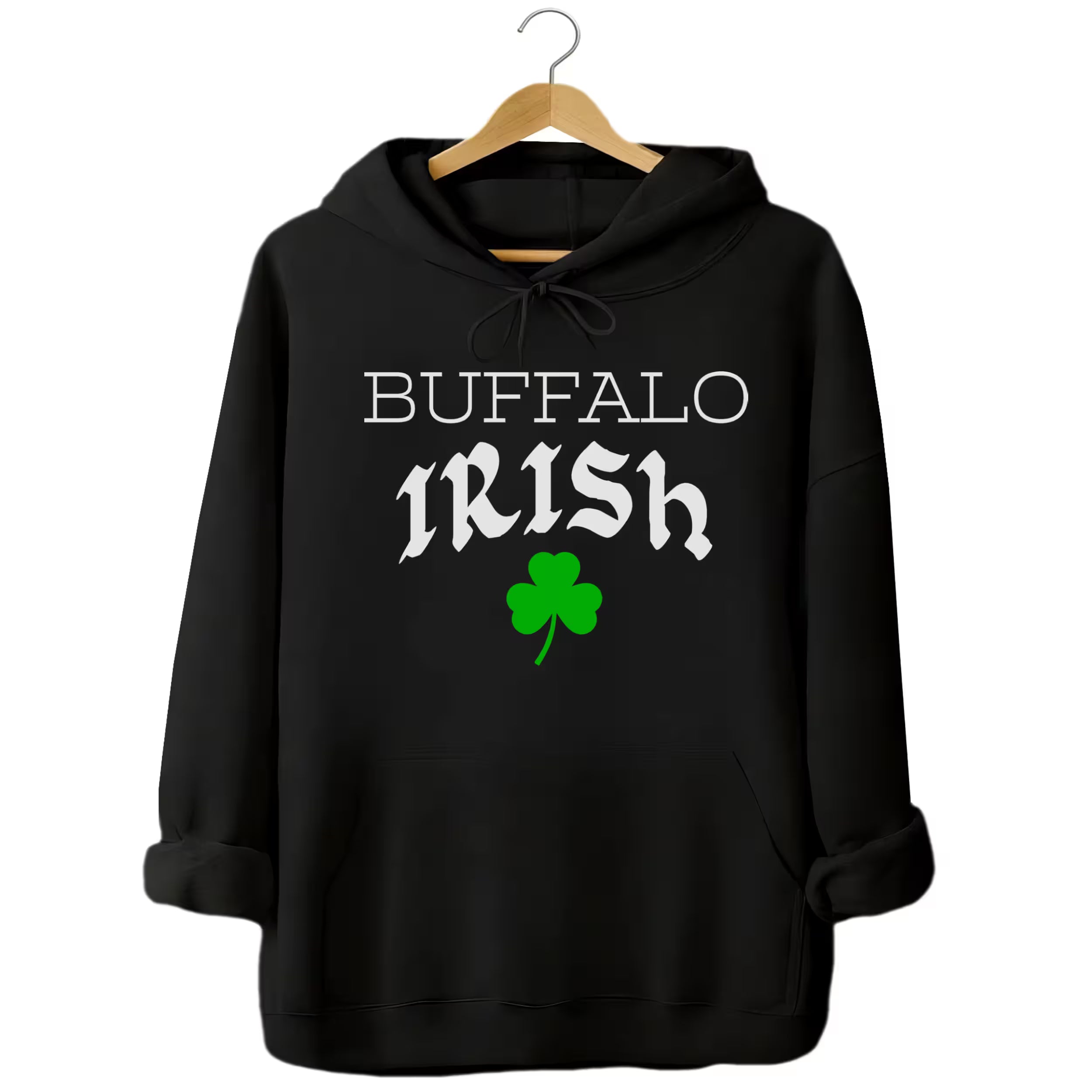 Black Buffalo Irish hoodie flat lay highlighting mixed-font Buffalo Irish text and green shamrock for a modern St. Paddy’s look