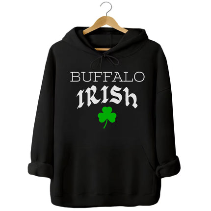 Black Buffalo Irish hoodie flat lay highlighting mixed-font Buffalo Irish text and green shamrock for a modern St. Paddy’s look