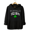 Black Buffalo Irish hoodie flat lay highlighting mixed-font Buffalo Irish text and green shamrock for a modern St. Paddy’s look