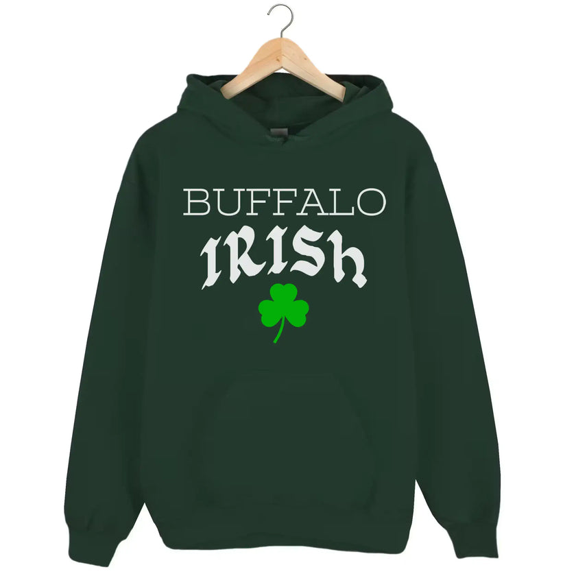 Green Buffalo Irish hoodie flat lay showcasing bold city-inspired lettering with Celtic font and festive shamrock detail