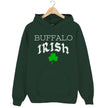 Green Buffalo Irish hoodie flat lay showcasing bold city-inspired lettering with Celtic font and festive shamrock detail