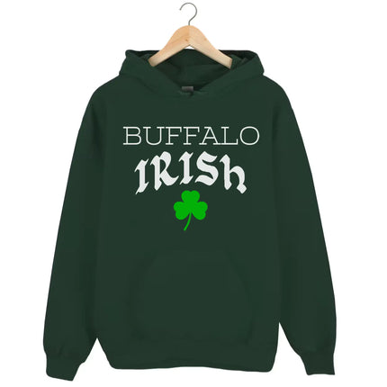 Green Buffalo Irish hoodie flat lay showcasing bold city-inspired lettering with Celtic font and festive shamrock detail