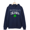 Navy Buffalo Irish hoodie flat lay featuring mixed-font lettering, Celtic-style text, and green shamrock design for St. Patrick’s Day