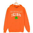 Orange Buffalo Irish hoodie flat lay with bold lettering, Celtic-inspired font, and shamrock accent for festive Buffalo pride