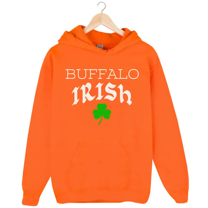Orange Buffalo Irish hoodie flat lay with bold lettering, Celtic-inspired font, and shamrock accent for festive Buffalo pride