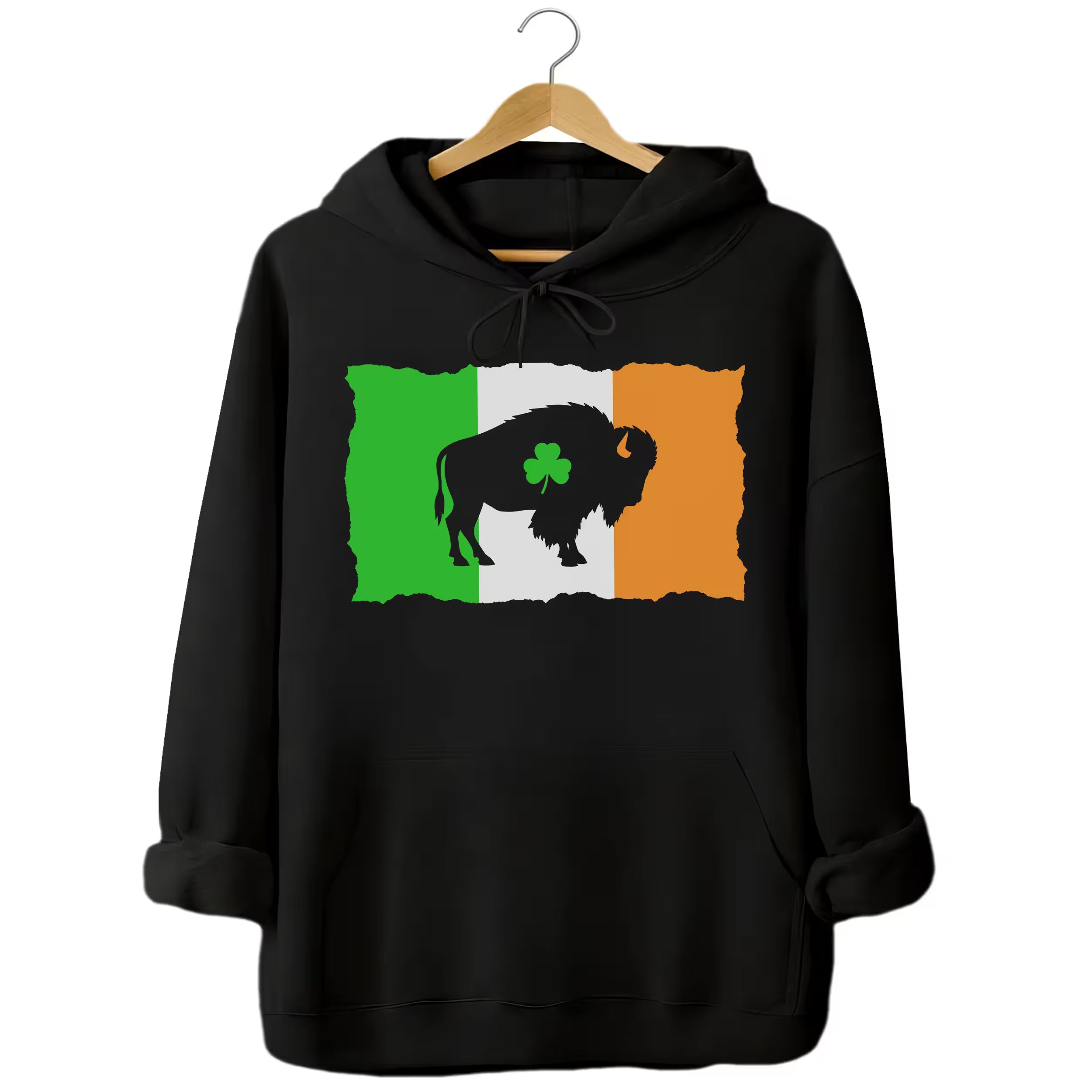Black Buffalo Irish flag hoodie flat lay with bold distressed flag design, buffalo graphic, and shamrock cutout, perfect for parade and pub style