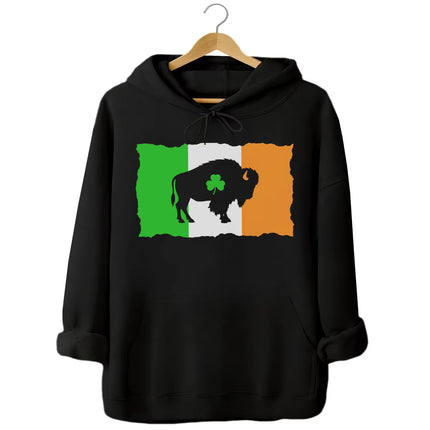 Black Buffalo Irish flag hoodie flat lay with bold distressed flag design, buffalo graphic, and shamrock cutout, perfect for parade and pub style