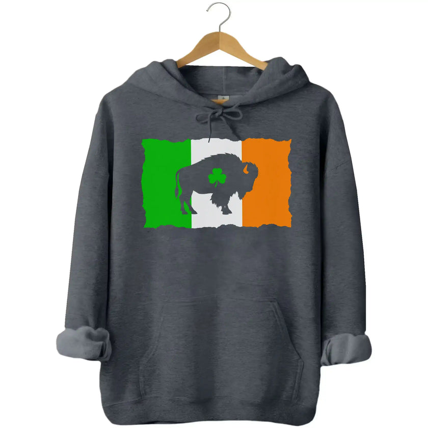 Gray Buffalo Irish flag hoodie flat lay showcasing distressed flag design, buffalo silhouette, and festive shamrock cutout for St. Paddy’s celebrations