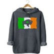Gray Buffalo Irish flag hoodie flat lay showcasing distressed flag design, buffalo silhouette, and festive shamrock cutout for St. Paddy’s celebrations