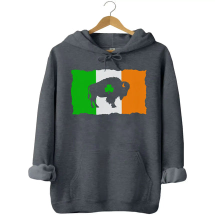 Gray Buffalo Irish flag hoodie flat lay showcasing distressed flag design, buffalo silhouette, and festive shamrock cutout for St. Paddy’s celebrations