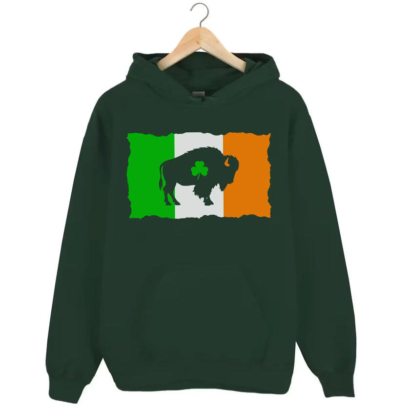 Green Buffalo Irish flag hoodie flat lay highlighting streetwear-inspired distressed Irish flag, shamrock detail, and bold buffalo graphic