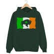Green Buffalo Irish flag hoodie flat lay highlighting streetwear-inspired distressed Irish flag, shamrock detail, and bold buffalo graphic