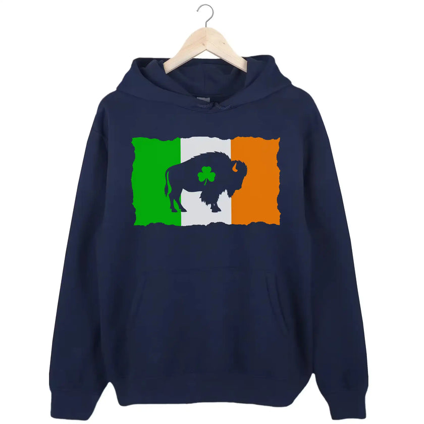 Navy Buffalo Irish flag hoodie flat lay featuring distressed Irish flag, buffalo silhouette, and shamrock cutout design for St. Patrick’s Day