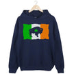 Navy Buffalo Irish flag hoodie flat lay featuring distressed Irish flag, buffalo silhouette, and shamrock cutout design for St. Patrick’s Day