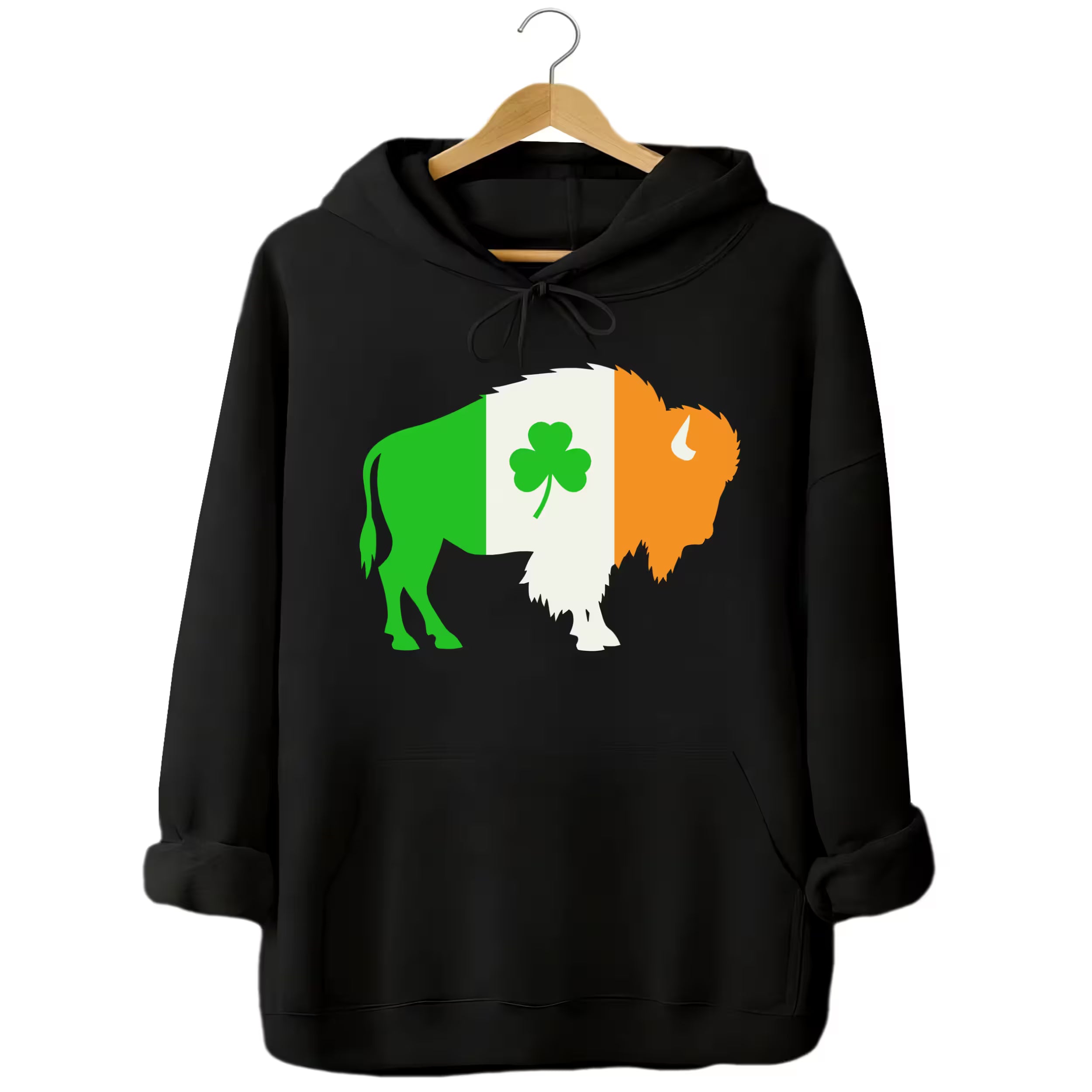 Black Buffalo Irish flag buffalo hoodie flat lay featuring giant Irish-flag buffalo graphic with shamrock detail, perfect for St. Patrick’s Day
