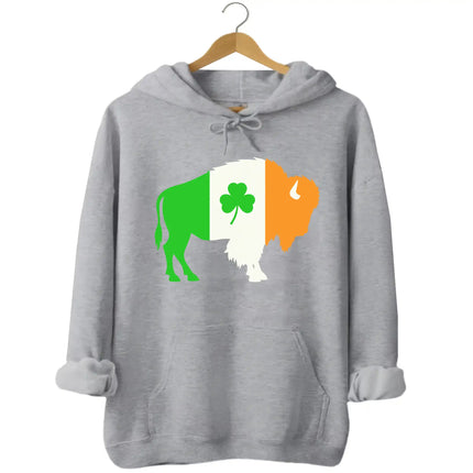 Gray Buffalo Irish flag buffalo hoodie flat lay featuring bold Irish-flag buffalo design and shamrock detail for St. Patrick’s Day style