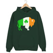 Green Buffalo Irish flag buffalo hoodie flat lay highlighting giant buffalo graphic in green, white, and orange with shamrock detail
