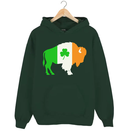 Green Buffalo Irish flag buffalo hoodie flat lay highlighting giant buffalo graphic in green, white, and orange with shamrock detail