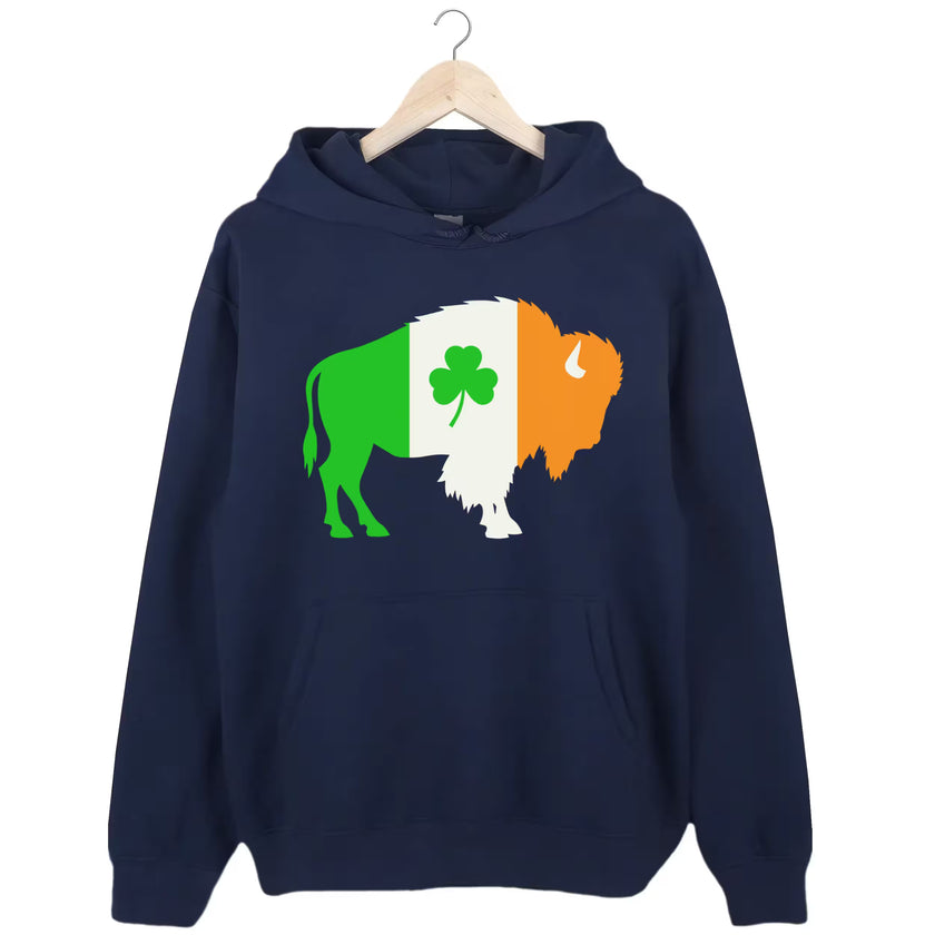 Navy Buffalo Irish flag buffalo hoodie flat lay showcasing bold Irish-flag buffalo design with shamrock accent for festive city pride