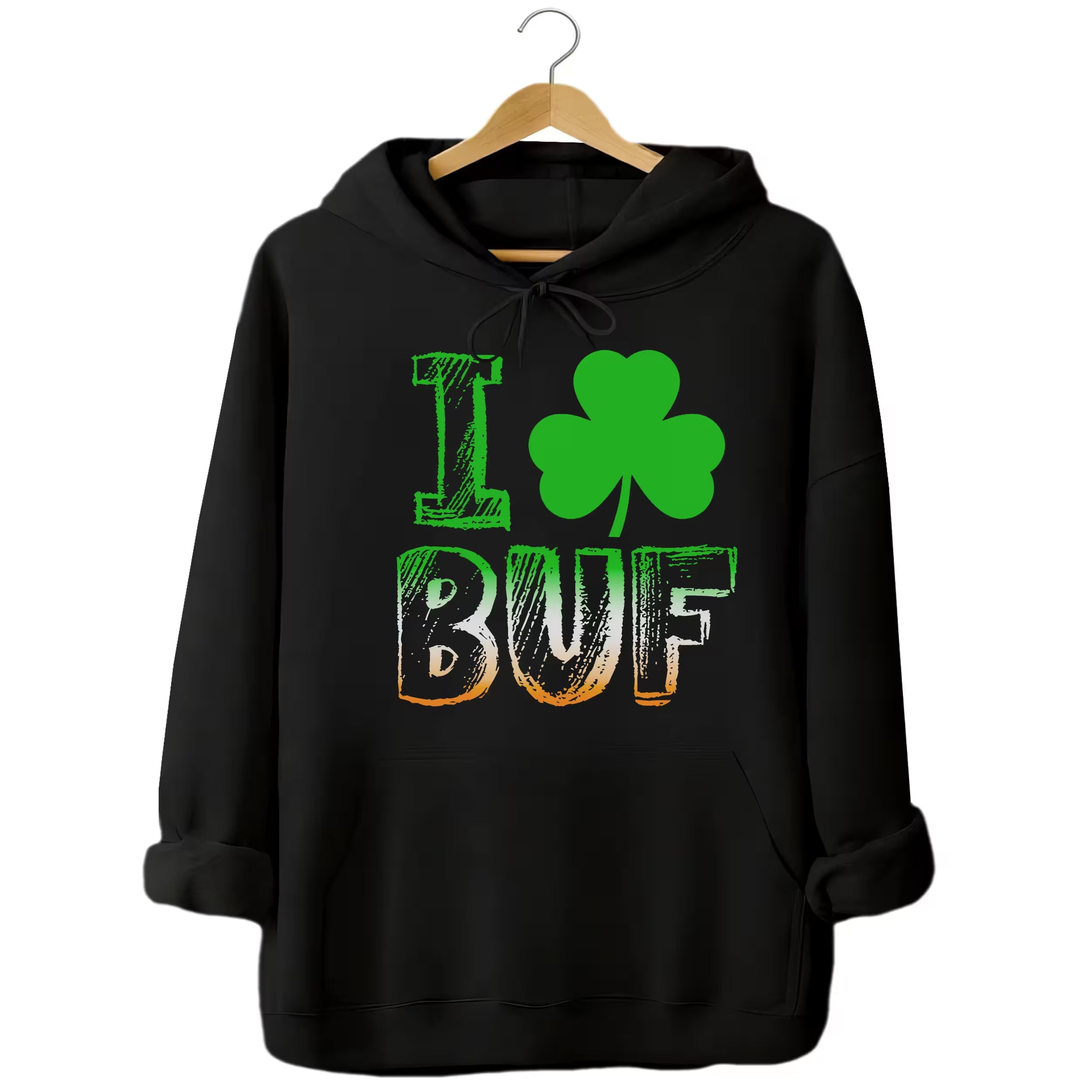 Black Buffalo shamrock St. Patrick’s Day hoodie flat lay showcasing bold lettering and festive Irish-inspired design