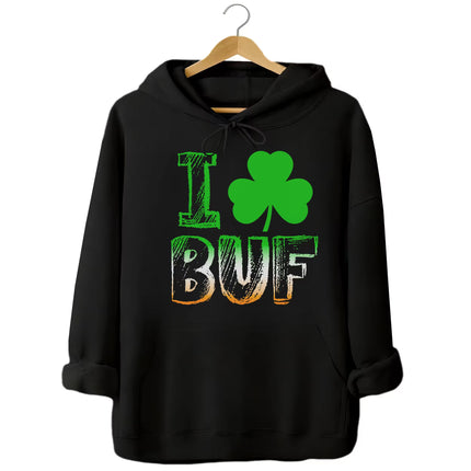 Black Buffalo shamrock St. Patrick’s Day hoodie flat lay showcasing bold lettering and festive Irish-inspired design
