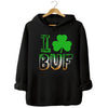 Black Buffalo shamrock St. Patrick’s Day hoodie flat lay showcasing bold lettering and festive Irish-inspired design