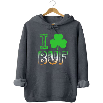 Gray Buffalo shamrock hoodie flat lay highlighting St. Patrick’s Day design with bold lettering and Irish color accents