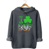 Gray Buffalo shamrock hoodie flat lay highlighting St. Patrick’s Day design with bold lettering and Irish color accents