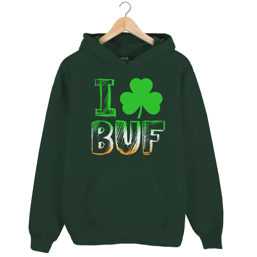 Green Buffalo St. Patrick’s Day hoodie flat lay featuring shamrock centerpiece and bold city pride lettering in Irish colors
